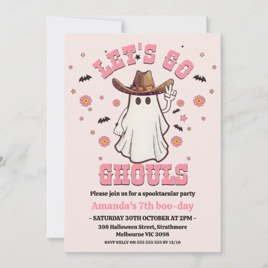 Retro Roze Cowgirl Go Ghouls Halloween Verjaardag Kaart (Voorkant)