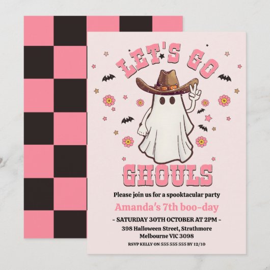 Retro Roze Cowgirl Go Ghouls Halloween Verjaardag Kaart (Voorkant / Achterkant)