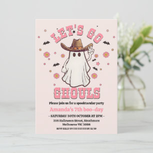 Retro Roze Cowgirl Go Ghouls Halloween Verjaardag Kaart
