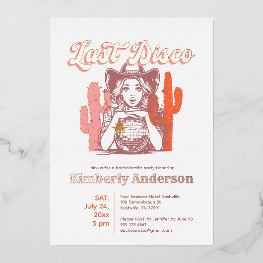 Retro Roze Cowgirl Laatste Disco Bachelorette Part Folie Uitnodiging (Voorkant)