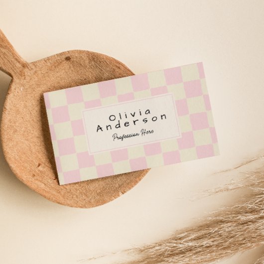 Retro Roze Crème Wavy Geruite Boho Pastel Visitekaartje