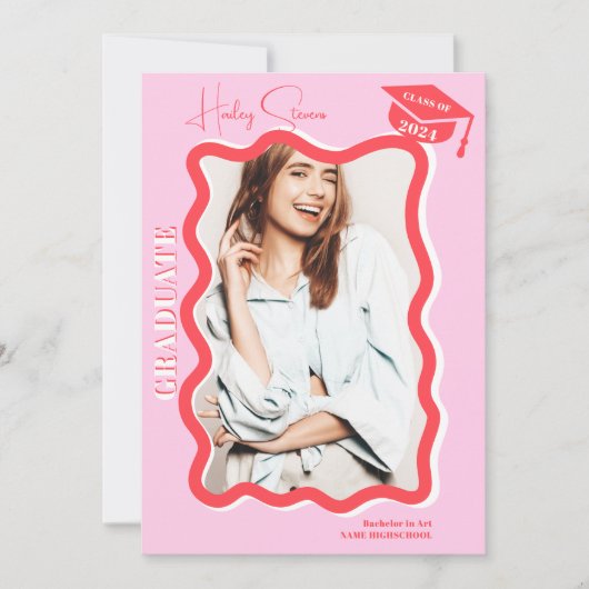 Retro roze curve kronkelen golvende foto afstudere aankondiging (Voorkant)