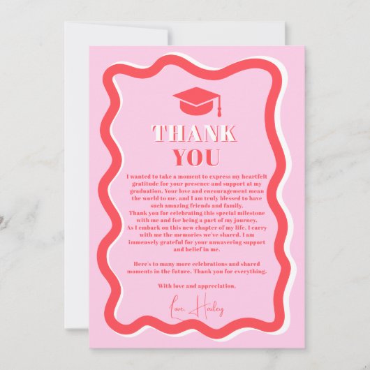 Retro roze curve kronkelen golvende foto afstudere bedankkaart (Voorkant)