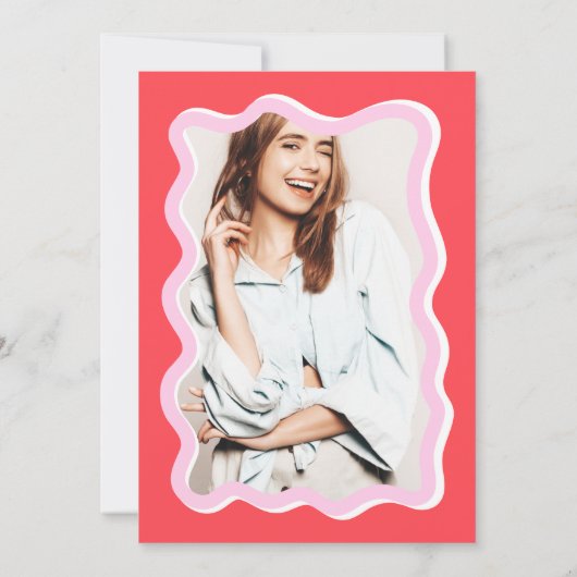 Retro roze curve kronkelen golvende foto afstudere bedankkaart (Achterkant)