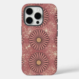 Retro Roze Daisies Glitter iPhone 16 Hoesje