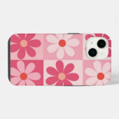 Retro roze Daisy Checkerboard patroon iPhone Hoesje (Achterkant horizontaal)
