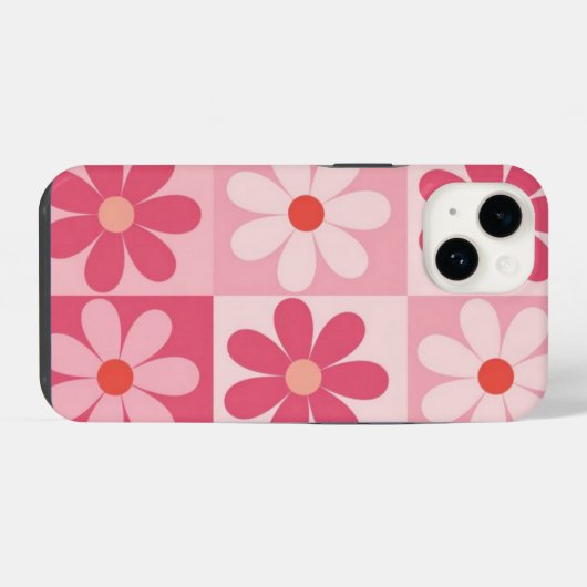 Retro roze Daisy Checkerboard patroon iPhone Hoesje (Achterkant horizontaal)