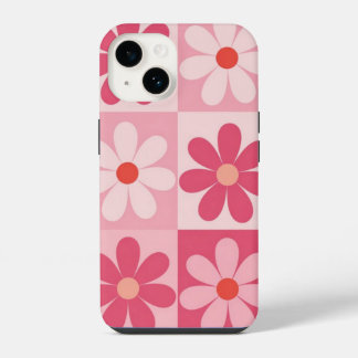 Retro roze Daisy Checkerboard patroon iPhone 14 Hoesje