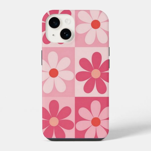 Retro roze Daisy Checkerboard patroon iPhone Hoesje (Achterkant)