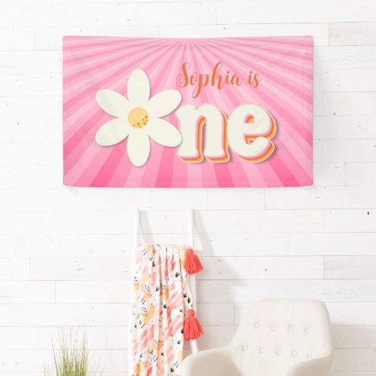 Retro Roze Daisy Eerste Verjaardag Banner | Boho F (Insitu)