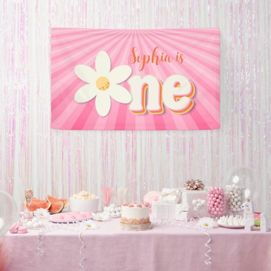 Retro Roze Daisy Eerste Verjaardag Banner | Boho F (Feest)
