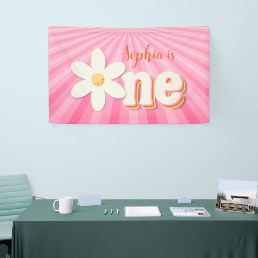 Retro Roze Daisy Eerste Verjaardag Banner | Boho F (Beurs)
