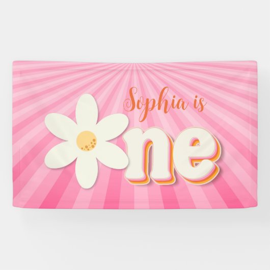 Retro Roze Daisy Eerste Verjaardag Banner | Boho F (Horizontaal)