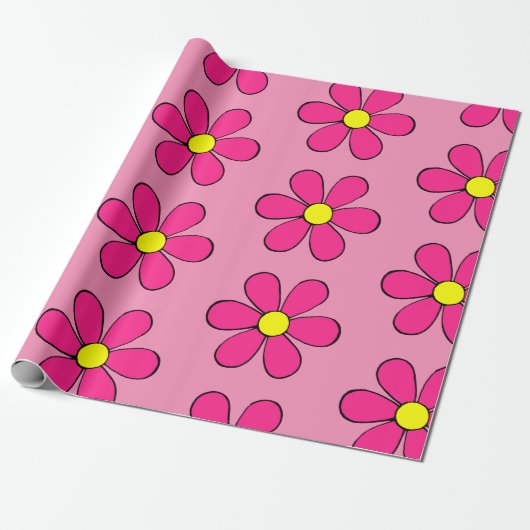Retro Roze Daisy Wrapping Papier (Uitgerold)