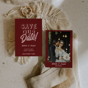 Retro Roze Diep Rode Moderne Unieke Foto Bruiloft Save The Date