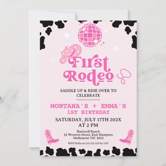 Retro roze disco tweeling eerste Rodeo 1e verjaard Kaart (Voorkant)
