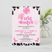 Retro roze disco tweeling eerste Rodeo 1e verjaard Kaart (Staand voorkant)