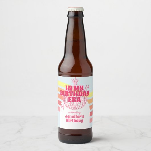Retro roze discobal in mijn verjaardagsfeestje bier etiket (Voorkant)