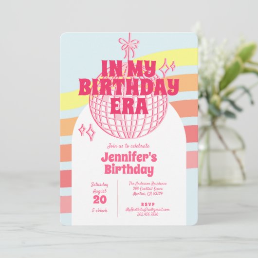 Retro roze discobal in mijn verjaardagsfeestje kaart (Staand voorkant)