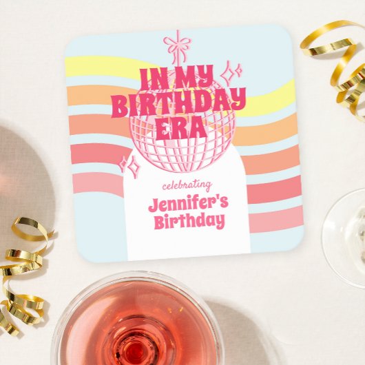 Retro roze discobal in mijn verjaardagsfeestje kartonnen onderzetters