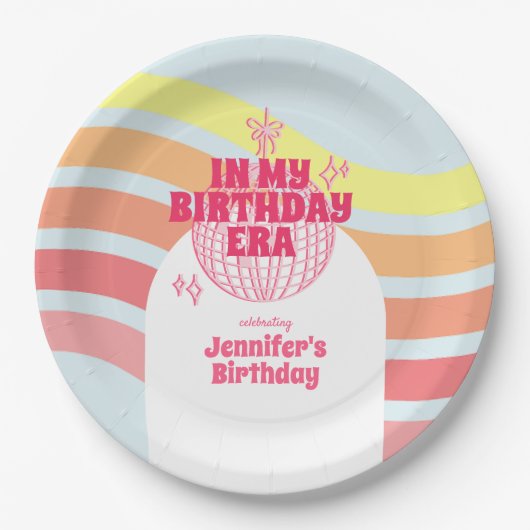 Retro roze discobal in mijn verjaardagsfeestje papieren bordje (Voorkant)