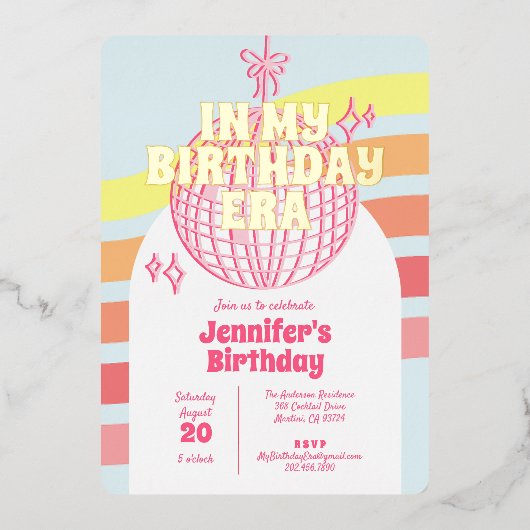 Retro roze discobal in mijn verjaardagstijdperk go folie uitnodiging (Voorkant)