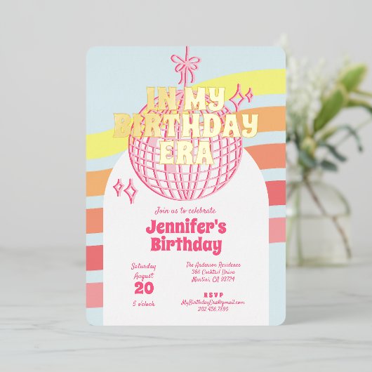 Retro roze discobal in mijn verjaardagstijdperk go folie uitnodiging (Staand Voorkant)