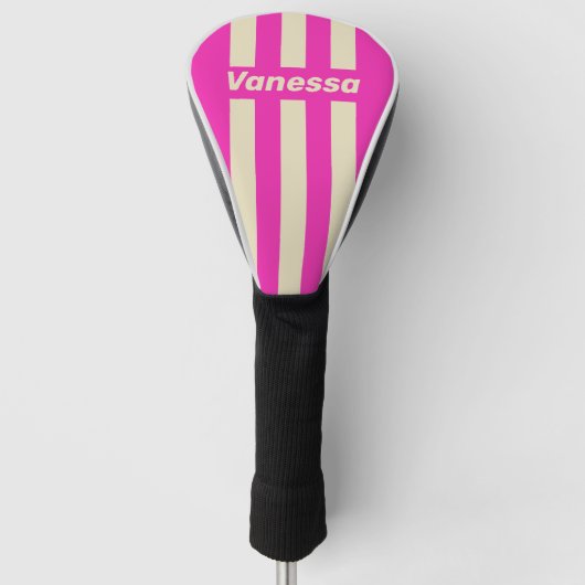 Retro Roze Drie Pin Strepen met Naam Golfheadcover (Voorkant)