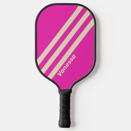 Retro roze drie strepen met naam pickleball paddle (Achterkant)