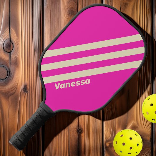 Retro roze drie strepen met naam pickleball paddle
