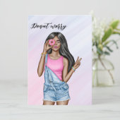 Retro Roze en Blauw Donut Meisje Bachelorette Part Kaart (Staand voorkant)