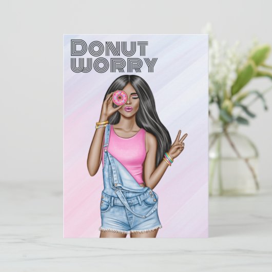 Retro Roze en Blauw Donut Meisje Verjaardagsfeest Kaart (Staand voorkant)