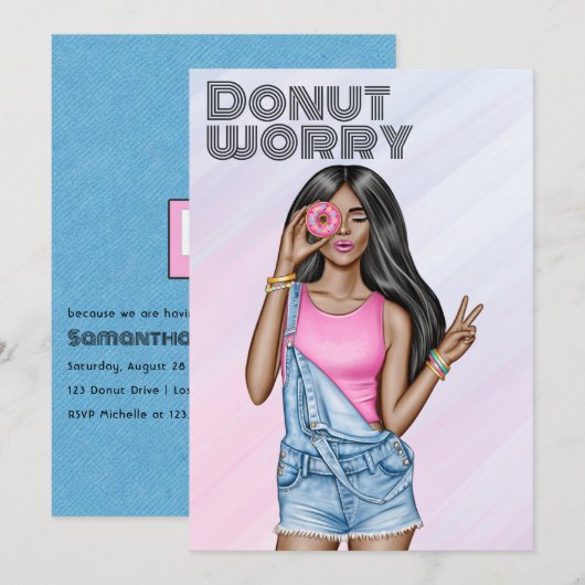 Retro Roze en Blauw Donut Meisje Verjaardagsfeest Kaart (Voorkant / Achterkant)