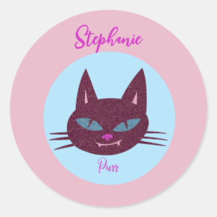 Retro Roze en Blauw Spinnend Kat Ronde Sticker