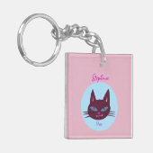 Retro Roze en Blauw Spinnend Kat Sleutelhanger (Voorkant Links)