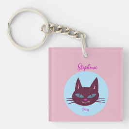Retro Roze en Blauw Spinnend Kat Sleutelhanger