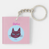 Retro Roze en Blauw Spinnend Kat Sleutelhanger (Achterkant)