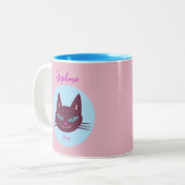 Retro Roze en Blauw Spinnend Kat Tweekleurige Koffiemok (Voorkant links)