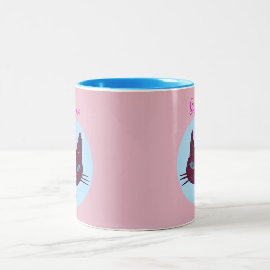 Retro Roze en Blauw Spinnend Kat Tweekleurige Koffiemok (Center)