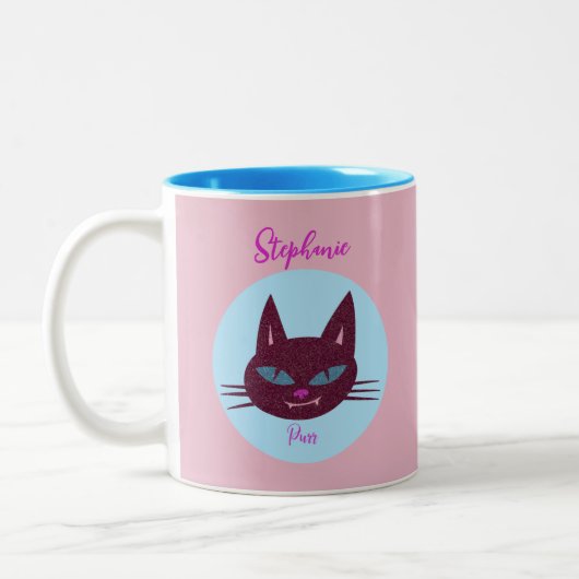 Retro Roze en Blauw Spinnend Kat Tweekleurige Koffiemok (Links)