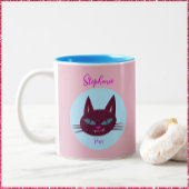 Retro Roze en Blauw Spinnend Kat Tweekleurige Koffiemok