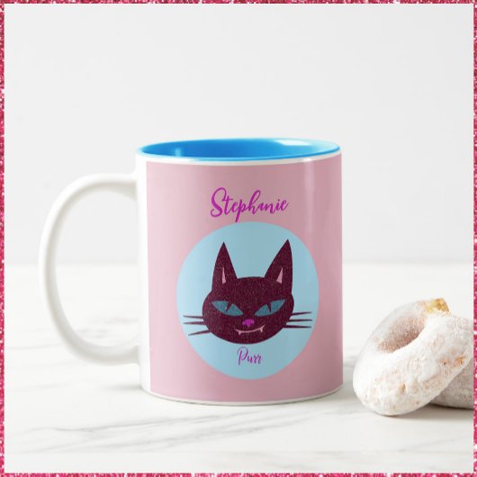 Retro Roze en Blauw Spinnend Kat Tweekleurige Koffiemok