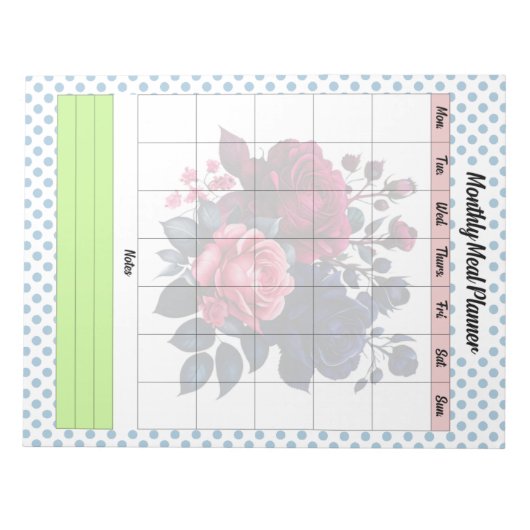 Retro Roze en Blauwe Rozen Maandelijks Maaltijden Notitieblok (Voorkant)