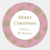 Retro Roze en Gouden Bloemen Vrolijk Kerstfeest Ronde Sticker (Voorkant)