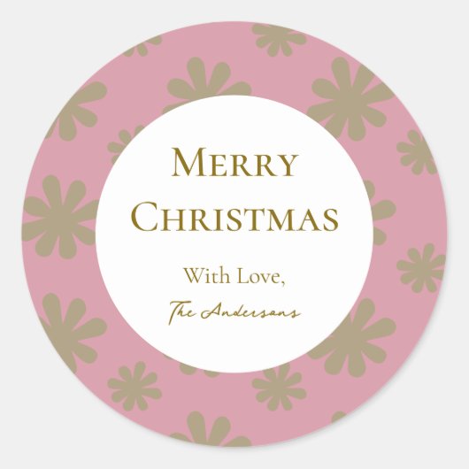 Retro Roze en Gouden Bloemen Vrolijk Kerstfeest Ronde Sticker (Voorkant)