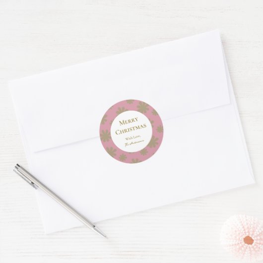Retro Roze en Gouden Bloemen Vrolijk Kerstfeest Ronde Sticker (Envelop)