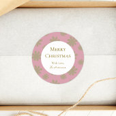 Retro Roze en Gouden Bloemen Vrolijk Kerstfeest Ronde Sticker