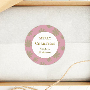 Retro Roze en Gouden Bloemen Vrolijk Kerstfeest Ronde Sticker