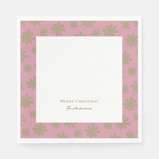 Retro Roze en Gouden Bloemen Vrolijk Kerstfeest Servet (Voorkant)
