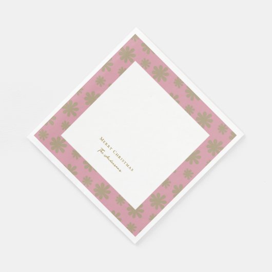 Retro Roze en Gouden Bloemen Vrolijk Kerstfeest Servet (Hoek)
